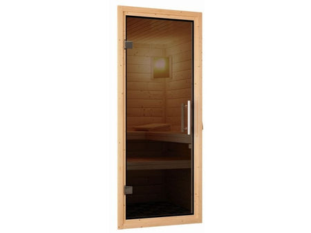 Karibu Sauna Mia inkl. 9 kW Ofen integr. Steuerung, mit moderner Saunatür -mit Dachkranz-