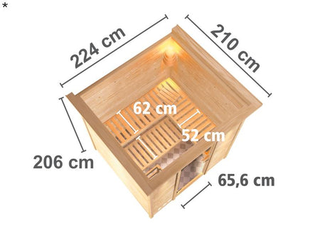 Karibu Sauna Mojave inkl. 9 kW Bio Ofen mit ext. Steuerung, mit Dachkranz, mit Klarglas Ganzglastür