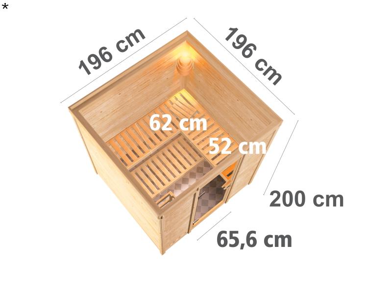 Karibu Sauna Mojave inkl. 9 kW Ofen mit int. Steuerung, ohne Dachkranz, mit Klarglas Ganzglastür