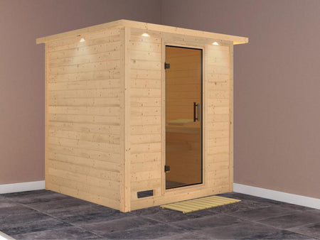 Karibu Sauna Mojave ohne Ofen, mit Dachkranz, mit moderner Saunatür