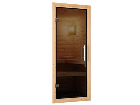 Karibu Sauna Mojave ohne Ofen, ohne Dachkranz, mit moderner Saunatür