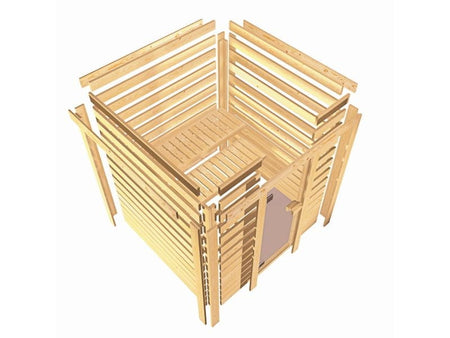 Karibu Sauna Mojave ohne Ofen, ohne Dachkranz, mit Klarglas Ganzglastür