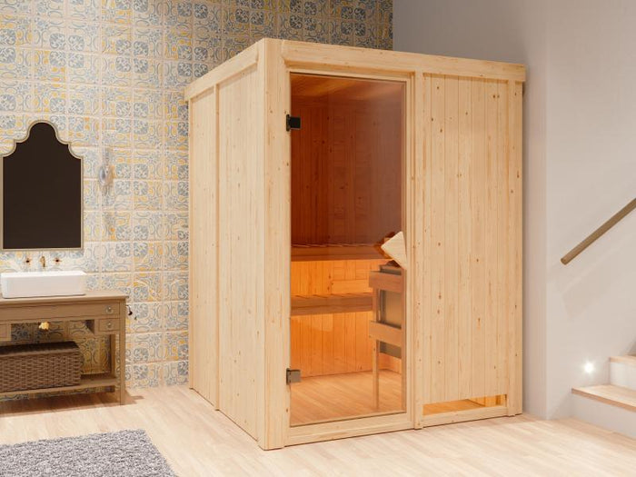 Karibu Sauna Norin inkl. 9 kW Bioofen ext. Steuerung, klassiche Tür - ohne Dachkranz -