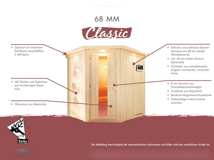 Karibu Sauna Norin inkl. 9 kW Bioofen ext. Steuerung, klassiche Tür - ohne Dachkranz -