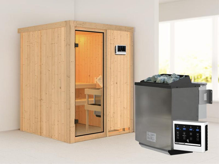 Karibu Sauna Norin inkl. 9 kW Bioofen ext. Steuerung, klassiche Tür - ohne Dachkranz -