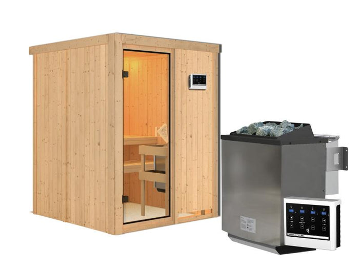 Karibu Sauna Norin inkl. 9 kW Bioofen ext. Steuerung, klassiche Tür - ohne Dachkranz -