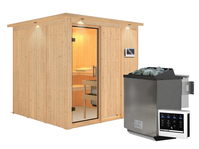 Karibu Sauna Rodin inkl. 9 kW Bio Ofen mit ext. Steuerung, mit Dachkranz, mit Klarglas Ganzglastür