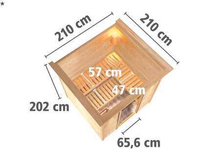 Karibu Sauna Rodin inkl. 9 kW Bio Ofen mit ext. Steuerung, mit Dachkranz, mit Klarglas Ganzglastür