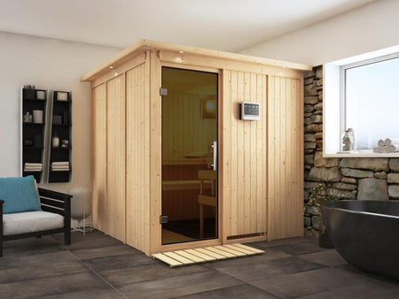 Karibu Sauna Rodin inkl. 9-kW-Bioofen mit externer Steuerung, mit Dachkranz, mit moderner Saunatür