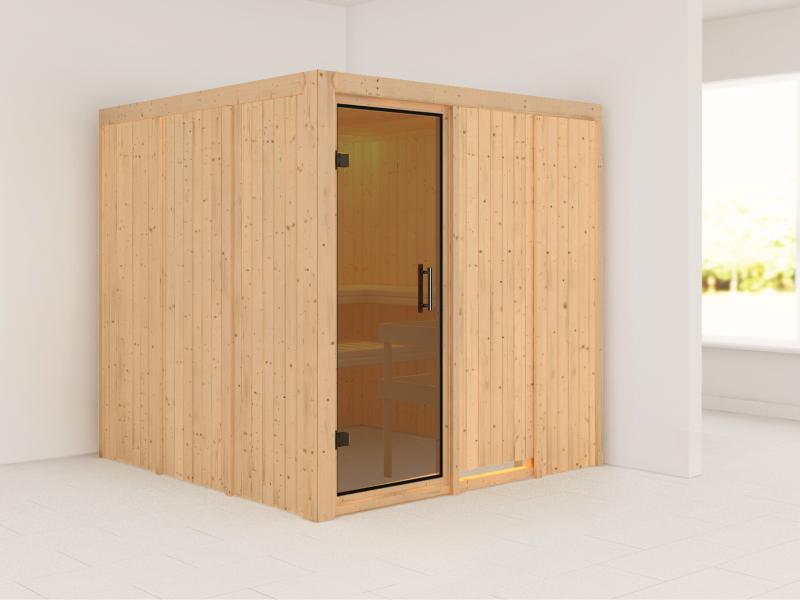 Karibu Sauna Rodin ohne Ofen, ohne Dachkranz, mit moderner Saunatür