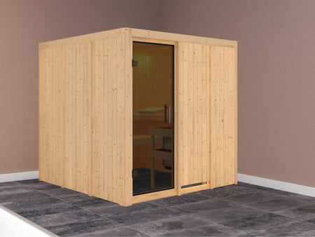 Karibu Sauna Rodin ohne Ofen, ohne Dachkranz, mit moderner Saunatür