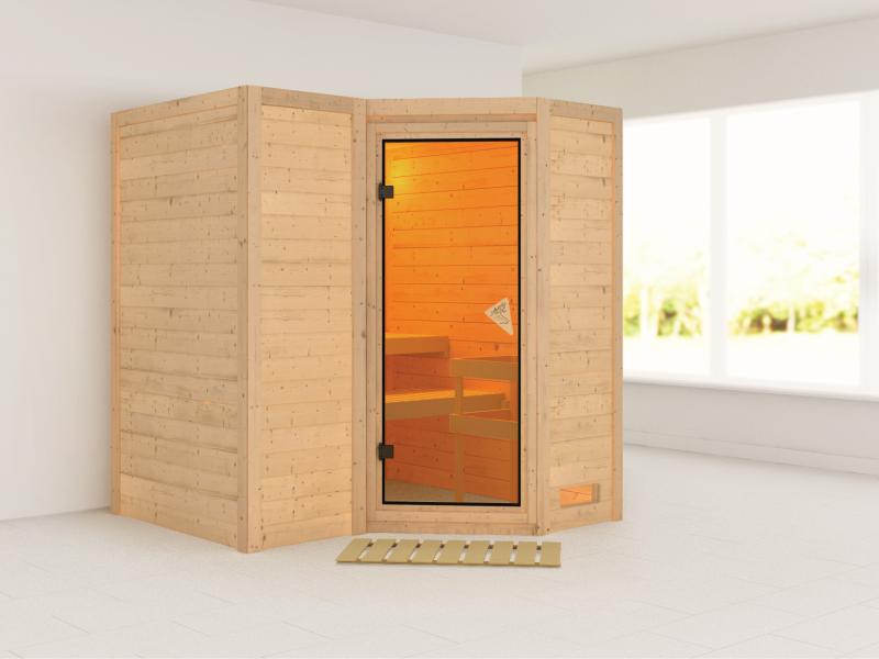 Karibu Sauna Sahib 1,ohne Ofen, mit klassicher Saunatür -ohne Dachkranz-