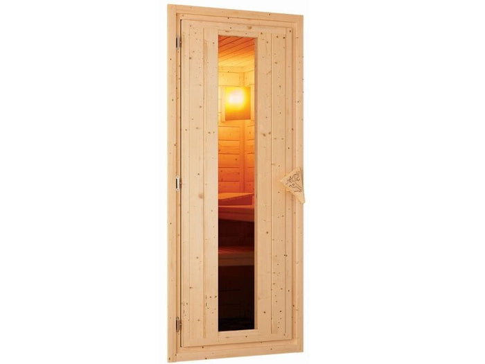 Karibu Sauna Sahib 2 inkl. 9-kW-Bioofen mit externer Steuerung, mit Dachkranz, mit energiesparender 