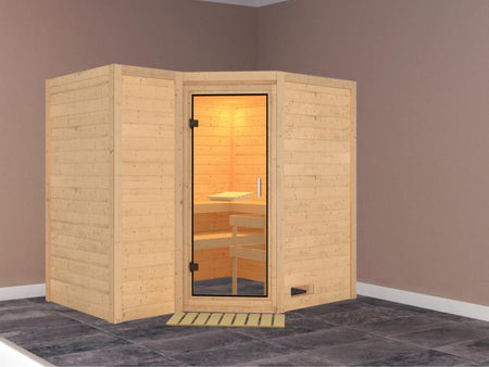 Karibu Sauna Sahib 2 ohne Ofen, ohne Dachkranz, mit Klarglas Ganzglastür