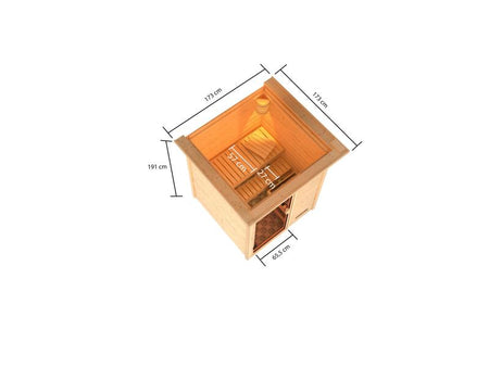 Karibu Sauna Sandra inkl. 9 kW Bioofen ext. Strg mit klassischer Saunatür -mit Dachkranz-