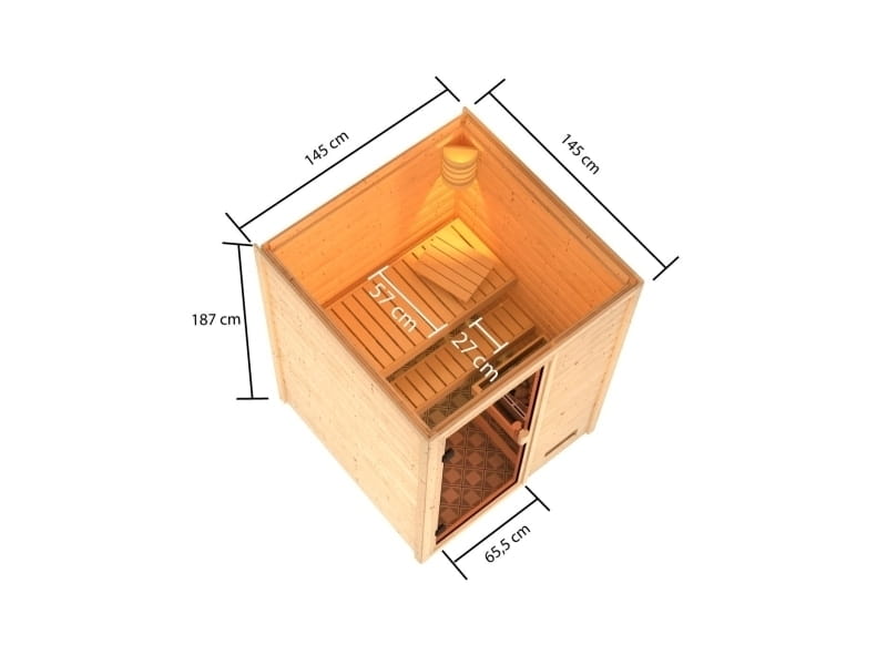 Karibu Sauna Sandra inkl. 9 kW Ofen ext. Steuerung, mit klassicher Tür -ohne Dachkranz-