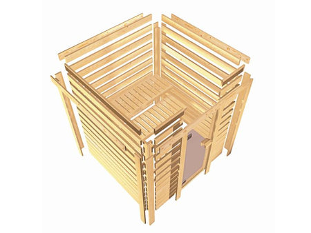 Karibu Sauna Sandra inkl. 9 kW Ofen ext. Steuerung, mit klassicher Tür -ohne Dachkranz-