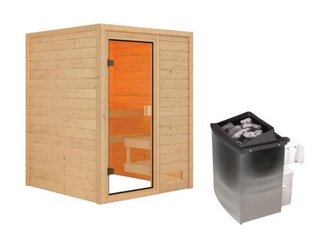 Karibu Sauna Sandra inkl. 9 kW Ofen integr. Steuerung mit klassischer Saunatür -ohne Dachkranz-