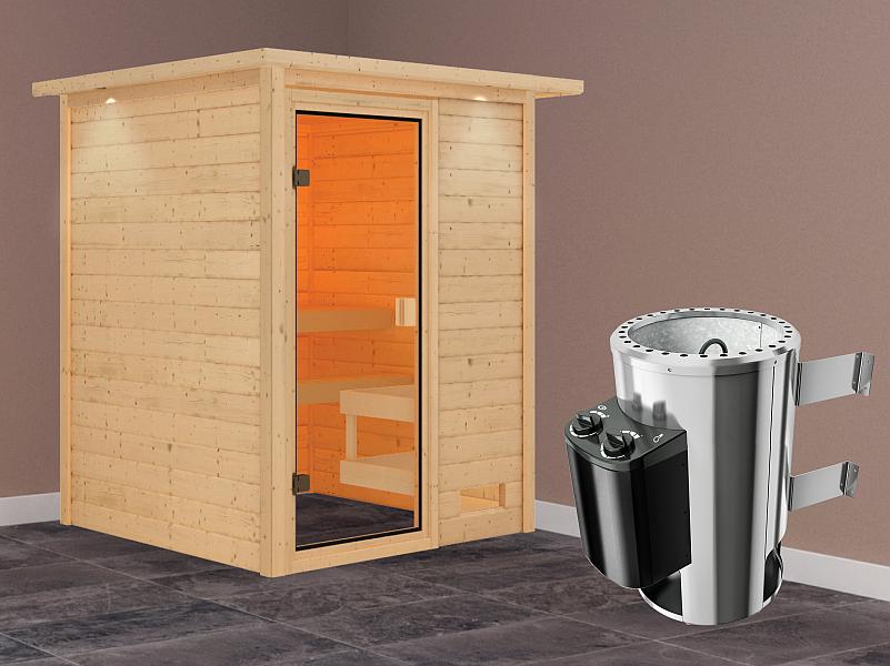 Karibu Sauna Sandra mit 3,6 kW Ofen integr. Strg und Dachkranz 38 mm