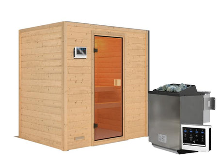 Karibu Sauna Selena inkl. 9 kW Bioofen ext. Steuerung mit klassischer Saunatür -ohne Dachkranz-