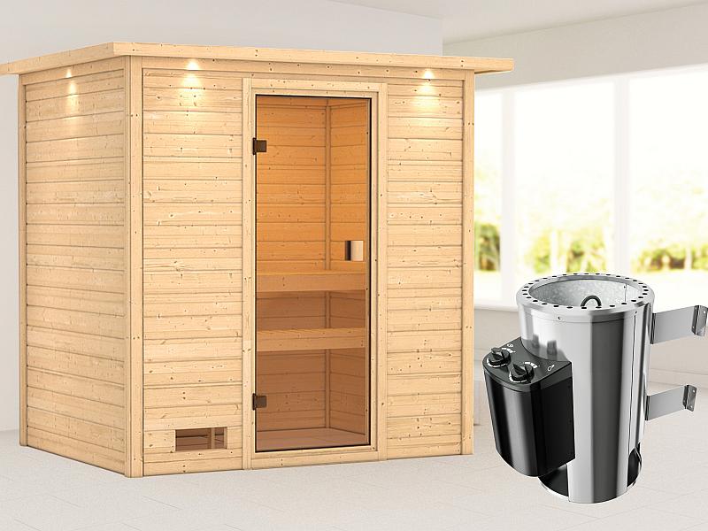 Karibu Sauna Selena mit 3,6 kW Ofen integr. Strg und Dachkranz 38 mm