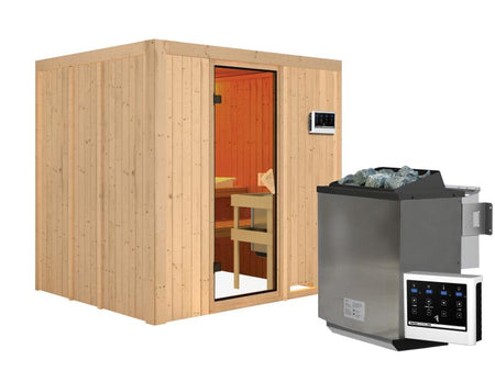 Karibu Sauna Sodin inkl. 9 kW Bioofen ext. Steuerung mit bronzierter Ganzglastür - ohne Dachkranz -