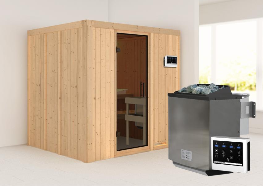 Karibu Sauna Sodin inkl. 9 kW Bioofen ext. Steuerung mit moderner Saunatür - ohne Dachkranz -