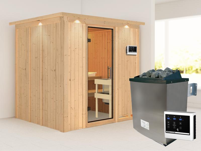 Karibu Sauna Sodin inkl. 9 kW Bioofen ext. Steuerung mit Klarglas Ganzglastür - mit Dachkranz -