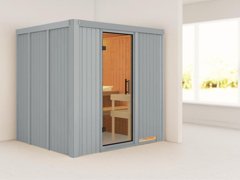 Karibu Sauna Sodin ohne Ofen in lichtgrau, ohne Dachkranz, mit Klarglas Ganzglastür