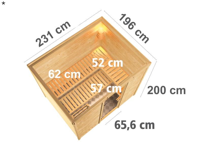 Karibu Sauna Sonara inkl. 9-kW-Ofen mit externer Steuerung, ohne Dachkranz, mit moderner Saunatür