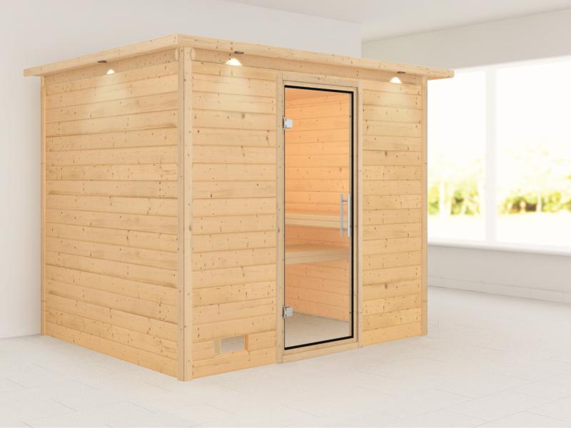 Karibu Sauna Sonara ohne Ofen, mit Dachkranz, mit Klarglas Ganzglastür
