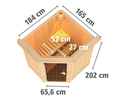 Karibu Sauna Taurin inkl 9 kW Ofen integr. Steuerung, mit klarglas Ganzglastür -mit Dachkranz-
