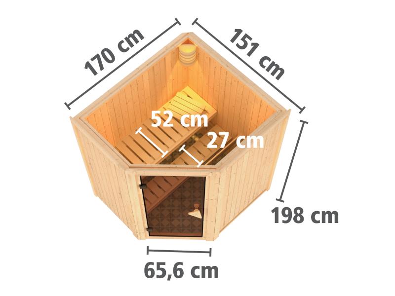 Karibu Sauna Taurin inkl. 9 kW Ofen ext. Steuerung,mit klarglas Ganzglastür - ohne Dachkranz -