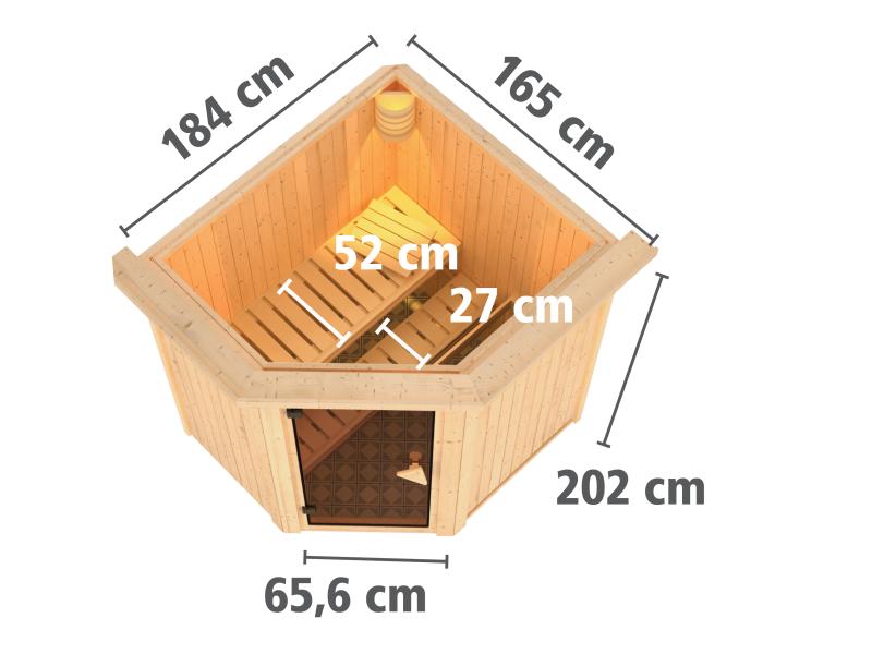 Karibu Sauna Taurin inkl. 9 kW Ofen ext. Steuerung, mit klarglas Ganzglastür -mit Dachkranz-