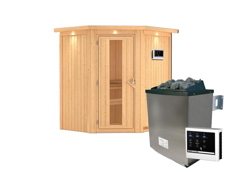 Karibu Sauna Taurin inkl. 9 kW Ofen externe Steuerung, mit Energiespartür - mit Dachkranz -
