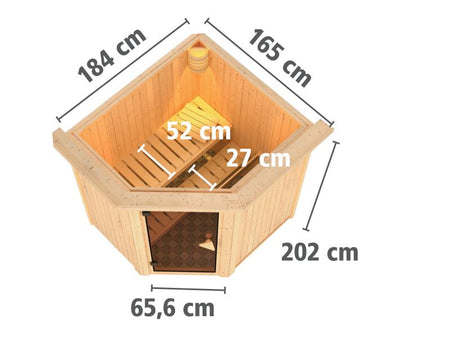 Karibu Sauna Taurin inkl. 9 kW Ofen integr. Steuerung, mit moderner Saunatür - mit Dachkranz -