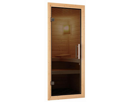 Karibu Sauna Taurin inkl. 9 kW Ofen integr. Steuerung, mit moderner Saunatür - mit Dachkranz -