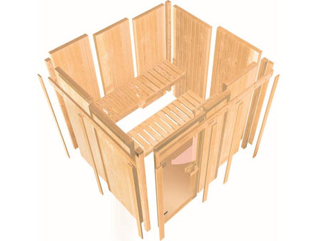 Karibu Sauna Tauriun inkl. 9 kW Bioofen externe Steuerung, mit bronzierter Ganzglastür - ohne Dachkr
