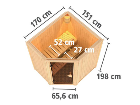 Karibu Sauna Tauriun inkl. 9 kW Bioofen externe Steuerung, mit bronzierter Ganzglastür - ohne Dachkr