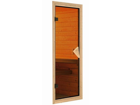 Karibu Sauna Tauriun inkl. 9 kW Bioofen externe Steuerung, mit bronzierter Ganzglastür - ohne Dachkr