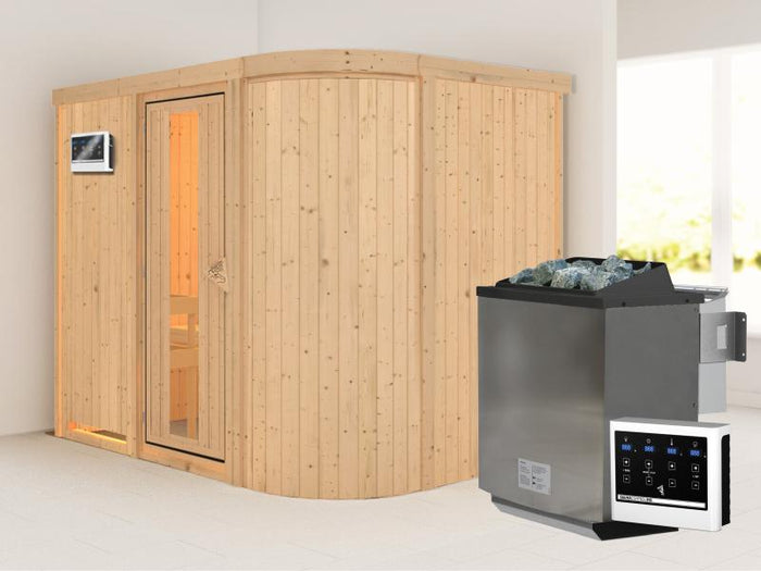 Karibu Sauna Titania 4 inkl. 9 kW Bio Ofen mit ext. Steuerung, ohne Dachkranz, mit Energiespartür