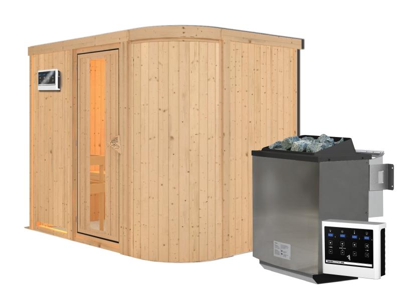 Karibu Sauna Titania 4 inkl. 9 kW Bio Ofen mit ext. Steuerung, ohne Dachkranz, mit Energiespartür