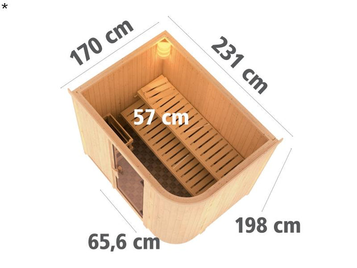 Karibu Sauna Titania 4 inkl. 9 kW Bio Ofen mit ext. Steuerung, ohne Dachkranz, mit Energiespartür