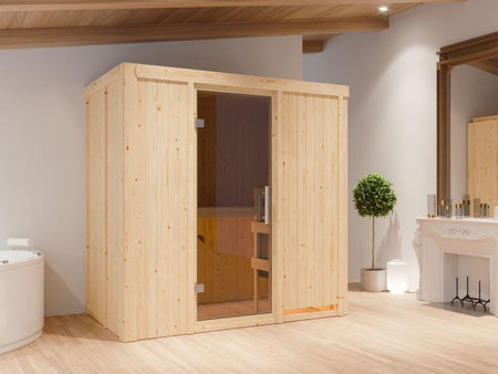 Karibu Sauna Variado inkl. 9 kW Bioofen ext. Steuerung, mit moderner Saunatür -ohne Dachkranz-