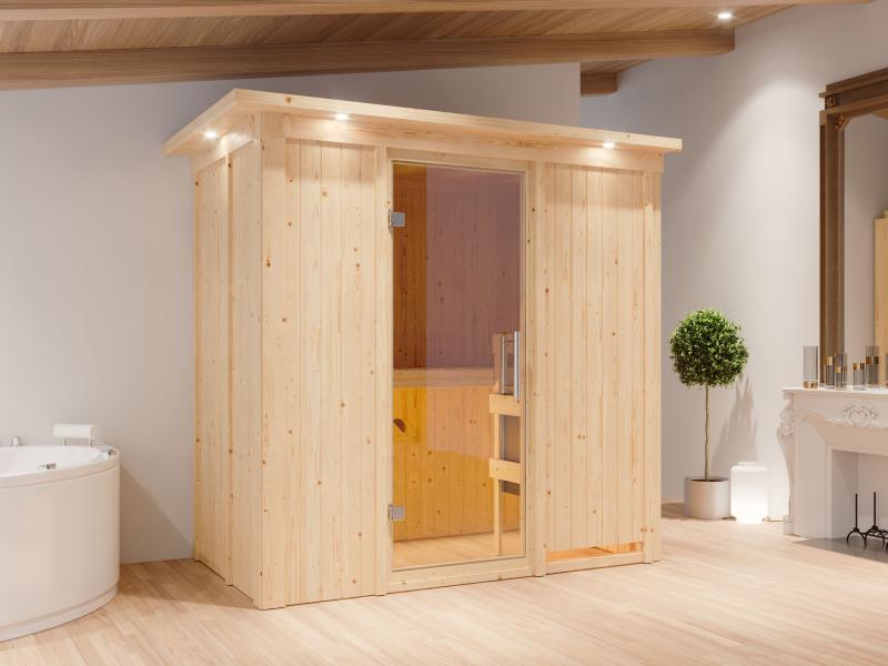 Karibu Sauna Variado inkl. 9 kW Bioofen ext. Steuerung, mit klarglas Ganzglastür -mit Dachkranz-