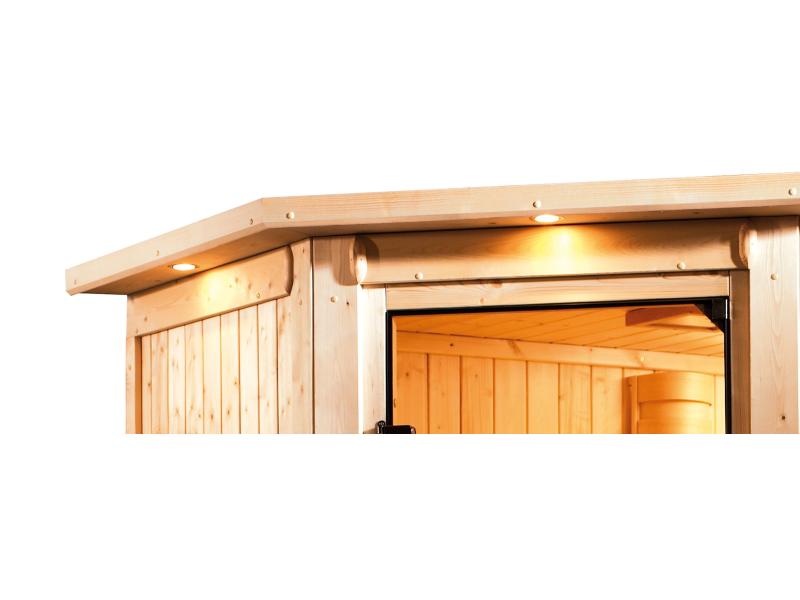Karibu Sauna Variado inkl. 9 kW Ofen ext. Steuerung, mit klarglas Ganzglastür -mit Dachkranz-