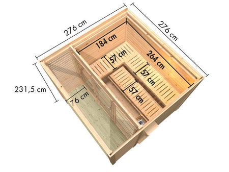 Karibu Saunahaus Angkor 3, 38 mm naturbelassen -inkl. 9 kW Bioofen ext. Steuerung-
