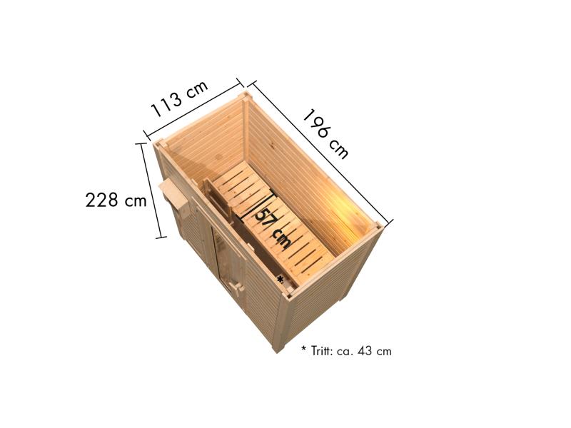 Karibu Saunahaus Hytti 0  38 mm - Ofen 9kW ext. Strg. - Iso Tür naturbelassen