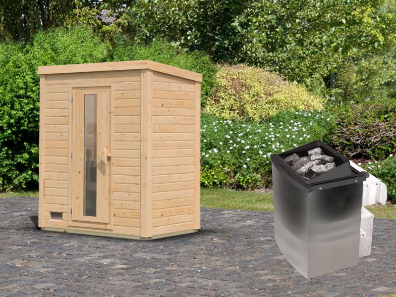 Karibu Saunahaus Hytti 0  38 mm - Ofen 9kW integr. Strg. - Iso-Tür naturbelassen