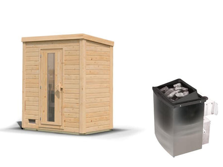 Karibu Saunahaus Hytti 0  38 mm - Ofen 9kW integr. Strg. - Iso-Tür naturbelassen
